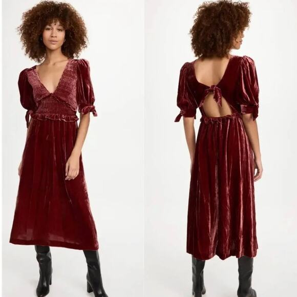 Sea New York Dresses & Skirts - NWT Sea New York Mayde Velvet Puff Sleeve Smocked Midi Dress - Burgundy - Size M